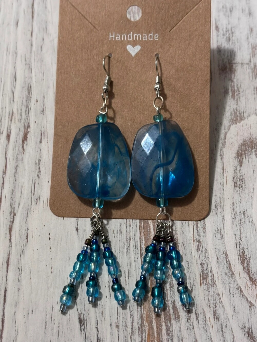 Handmade Blue Statement Drop Earrings Beaded Fringe Boho